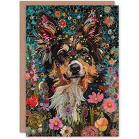 Artery8 Birthday Card Cute Collie Dog Lover Floral Portrait Mosaic in Blue