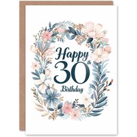 Artery8 Birthday Card Elegant Floral Letterpress Happy 30th Greeting Card in Blue
