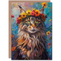 Artery8 Birthday Card Cat Lover Maine Coon Flower Crown Greeting Card in Blue