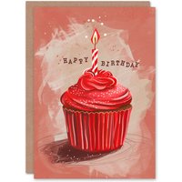 Artery8 Birthday Card Red Velvet Cupcake with Candle Watercolour Greeting Card