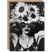 Artery8 Birthday Card Daisy Flower Crown Lady Spring Fashion Greeting Card in Black