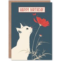 Artery8 Birthday Card Sweet White Cat Lover Red Flower Design Greeting Card in Blue