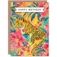 Artery8 Birthday Card Colourful Jaguar Cat in Exotic Pink Orchid Flowers