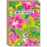 Artery8 Birthday Card Exotic Jungle Leopard in Hot Pink Orchid Flowers