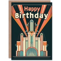 Artery8 Birthday Card Art Deco Building Vintage 1930s Classic For Him Her in Red