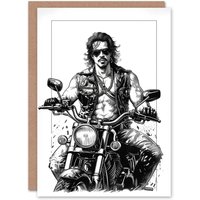 Artery8 Birthday Card Biker Drawing Muscle Sexy Motorbike Leather For Him Her in White