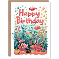 Artery8 Birthday Card Under the Sea Fish Coral Sealife Simple Fun For Him Her in Blue