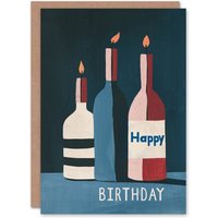 Artery8 Birthday Card Three Wine Bottles Candles Morandi Inspired Painting in Dark Blue