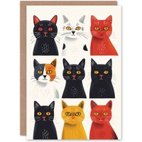 Artery8 Birthday Card Nine Fun Cats Animal Lover Artwork Cute Pop Kitty in White