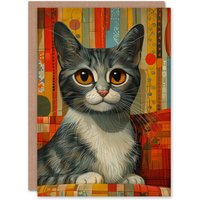 Artery8 Birthday Card Midcentury Grey Cat Portrait Retro Patchwork Cute Animal