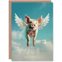 Artery8 Birthday Card Flying Pig Cute Animal Lover Wings Angel For Him Her in Blue