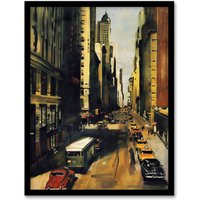 Artery8 5th Avenue 1950s Painting Vintage Cars New York Framed Art Print in Brown | Size: W12" x H16"