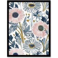 Artery8 Pink Blue Aster Wildflowers Bright Floral Design Framed Art Print | Size: W12" x H16"