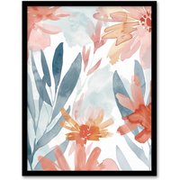 Artery8 Aster Flower Garden Watercolour Pastels Boho Framed Art Print | Size: A4
