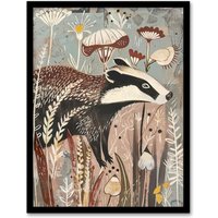 Artery8 Rustic Woodland Badger Artwork Forest Wildflowers Framed Art Print in Brown | Size: W12" x H16"