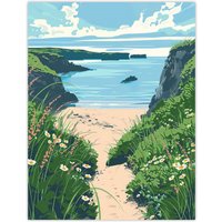 Artery8 Barafundle Bay Seaside Spring Flowers Wales Beach Wall Art Print in Blue | Size: W24" x H32"