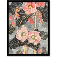 Artery8 Blooming Pink Begonia Flowers Stylised Floral Framed Art Print | Size: W12" x H16"