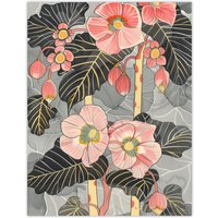 Artery8 Blooming Pink Begonia Flowers Stylised Floral Wall Art Print | Size: W12" x H16"