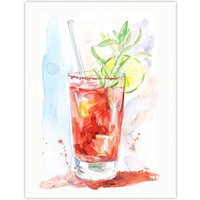 Artery8 Bloody Mary Cocktail Drink Watercolour Simple Wall Art Print in Red | Size: W18" x H24"