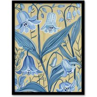Artery8 Bluebells in Bloom Painting Ochre Blue Flowers Framed Art Print | Size: A4