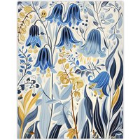 Artery8 Bluebells in Bloom Botanical Painting Ochre Blue Wall Art Print | Size: W12" x H16"