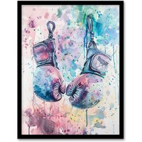 Artery8 Boxing Gloves Pastel Watercolour Splash Painting Framed Art Print | Size: W12" x H16"