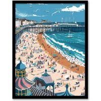 Artery8 Brighton Pier Beach Holiday Colourful Painting Framed Art Print in Blue | Size: W12" x H16"