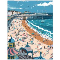 Artery8 Brighton Pier Beach Holiday Colourful Painting Wall Art Print in Blue | Size: W18" x H24"