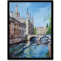 Artery8 Cambridge Boat Race Scene Painting Summer England Framed Art Print in Blue | Size: A4