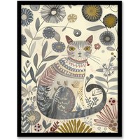 Artery8 Rustic Cat Wildflower Field Bright Floral Pattern Framed Art Print in Beige | Size: A4