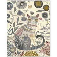 Artery8 Rustic Cat Wildflower Field Bright Floral Pattern Wall Art Print in Beige | Size: W18" x H24"