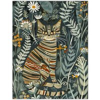 Artery8 Striped Cat in Floral Botanical Garden Folk Art Wall Art Print in Blue | Size: W24" x H32"