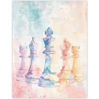 Artery8 Stylised Chess Pieces Light Pastel Watercolour Wall Art Print | Size: W24" x H32"