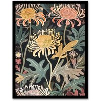 Artery8 Chrysanthemum Flowers in Bloom Artwork Dark Framed Art Print in Green | Size: A4