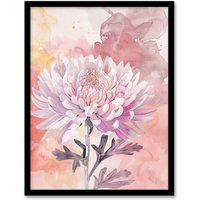 Artery8 Chrysanthemum Flower Watercolour Pastel Soft Framed Art Print in Pink | Size: A4