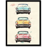 Artery8 3 Three Classic Vintage Cars Watercolour Modern Framed Art Print in Beige | Size: W12" x H16"