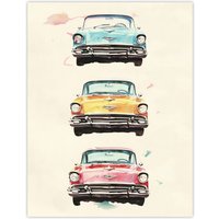 Artery8 3 Three Classic Vintage Cars Watercolour Modern Wall Art Print in Beige | Size: W12" x H16"