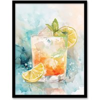 Artery8 Cuba Libre Cocktail Watercolour Tropical Summer Framed Art Print in Blue | Size: A4