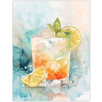 Artery8 Cuba Libre Cocktail Watercolour Tropical Summer Wall Art Print in Blue | Size: W24" x H32"