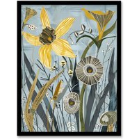 Artery8 Abstract Daffodils Bloom Rustic Artwork Spring Framed Art Print in Blue | Size: A4