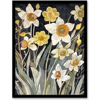 Artery8 Dark Daffodils in Bloom Artwork Spring Floral Framed Art Print in Yellow | Size: A4