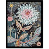 Artery8 Dahlia Flowers Artwork Dark Enchanted Floral Framed Art Print in Blue | Size: A4