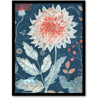 Artery8 Single Red Dahlia Flower Blue Botanical Artwork Framed Art Print | Size: W12" x H16"