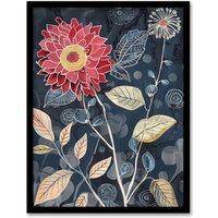 Artery8 Stylised Dahlia Bloom Dark Floral Artwork Framed Art Print in Blue | Size: A4
