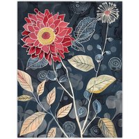 Artery8 Stylised Dahlia Bloom Dark Floral Artwork Wall Art Print in Blue | Size: W24" x H32"
