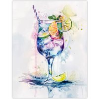 Artery8 Tropical Cocktail Drink Colourful Watercolour Wall Art Print in White | Size: W12" x H16"
