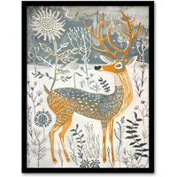 Artery8 Woodland Deer in Snow Wildflowers Winter Folk Art Framed Art Print in White | Size: A4