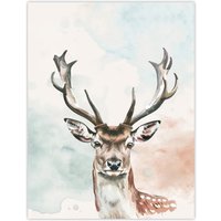 Artery8 Stag Head Portrait Modern Watercolour Pastel Wall Art Print in White | Size: W24" x H32"