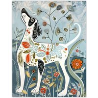 Artery8 Spring Flower Garden Dog Lover Fun Folk Art Wall Art Print in Blue | Size: W18" x H24"