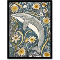 Artery8 Dolphin Daisy Wildflowers Artwork Quirky Floral Framed Art Print in Blue | Size: A4